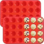 2Pack 24 Mini Cups Silicone Muffin Pan,Cupcake Baking Pan Mould,Nonstick BPA Free Silicone Molds for Muffin Tins(Red)