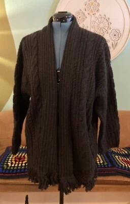Adrienne Vittadini Cable knit Cardigan Sweater Fringe Medium Lambswool Angora
