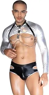 [DJG DIAL] Men Shiny Crop Top Muscle Shirts Thong Liquid Metallic PU Leather Chest Harness with Chain Sexy Lingerie Nightwear Roleplay