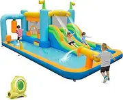 HONEY JOY Inflatable Water Slide, Kids Jumping Castle w/Dual Slides, Boxing Sandbag, Splash Pool, Water Cannon, Basketball Rim, Outdoor Blowup Water Park Bounce House for Children (with 680W Blower)