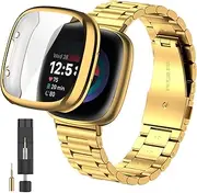 ZPJPPLX Compatible with Fitbit Versa 3 and Fitbit Sense Solid Stainless Steel Wrist Band with Watch Case, Metal Replacement Straps Accessories for Women Men