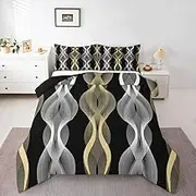 Wave Striped Comforter Set 3D Geometric Line Bedding Set King,Silver and Gold Down Comforter for Teens Adults Women Gradient Room Decor Abstract Art Stripe Quilt Duvet