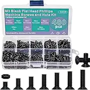 Zmbroll 480 Pcs M3 Flat Head Machine Screws Black Phillips Screws Bolts Nuts Assortment Kit M3 x 4mm/6mm/8mm/10mm/12mm/16mm/20mm