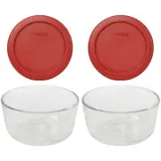 Pyrex 7202 1-Cup Glass Storage Bowls w/ 7202-PC Poppy Red Plastic Lids - 2 Pack