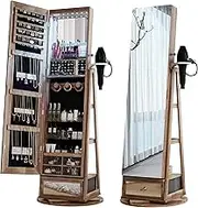 HWB Full Length Mirror with Storage standing 360° Rotatable Jewelry Cabinet with LED Lights Brown Jewelry Armoire Organizer