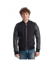 Roberto Pepe Luxury Mens Striped Leather Bomber Jacket - Jackets - Black