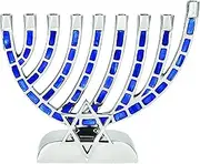 Aviv Judaica Artistic Mosaic Menorah High Polished Aluminum with Hand Painted Mosaic Blue Accents Tiles Elegant Chanukah Menorah Candle Holder Fits Standard Hanukkah Candles (Blue)