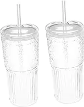 Cabilock 2Pcs Transparent Glass Cup with Straw and Lid Design Beverage Water Cup for Juice Milk Tea Coffee and Practical Drinking Glasses