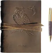 Leather Journal Owl Notebook Embossed Handmade Travel Diary | A5 Vintage Writing Bound Journal for Men for Women 6"x8" | Wildlife Theme Genuine Leather with Plain Paper for Notes Sketchbook + Pen