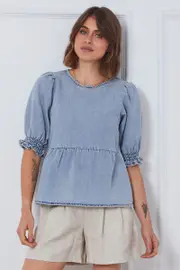 Blue Top Short Sleeve Relaxed Linen - Size 8, Women's Peplum