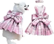 Aimondow Cute Dog Dress, Plaid Harness Leash Set for Small Dogs Cats, Spring Summer Girl Princess Dog Bow Tie Dresses, Puppy Outfits Yorkie Chihuahua Dog Clothes for Wedding Festive Everyday Use