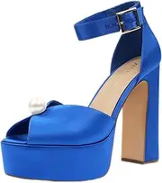 [JENN ARDOR] Women's Stylish Chunky Platform High Block Heels with Pearl Comfortable Open Toe Ankle Strap Dress Wedding Work Pumps Shoes