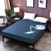 NTBED Waterproof Mattress Protector Cover Queen Size 14 inches Deep Pocket Polyester Bed Pad Cover Solid Color Fitted Sheet (60‘’x80‘’ (Dark Blue, Queen)