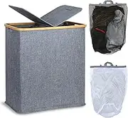 efluky Double Laundry Hamper with Lid, Divided Laundry Hamper with Removable Bags, 2 Section Dirty Clothes Basket with Handles for Bathroom, Bedroom & Laundry Room, 140L Light Grey (Grey)