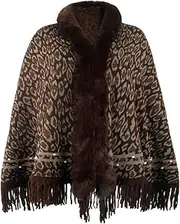 [HEYDHSDC] Fall Winter Leopard Print Fur Collar Sweater Coat Women Tassel Warm Knitted Shawl Cardigan Poncho