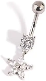 [Lovisa] Surgical Steel Cubic Zirconia Flower Belly Bar | Brilliant Crystals | Hypoallergenic | On Trend Designs | Stylish Piercings, Metal, cubic-zirconia