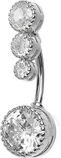 [Jewel Barrel] Belly Button Bar – 14G Surgical Steel Navel Ring with Cascading Dew Drop CZ Crystals – Hypoallergenic Belly Piercing Jewellery for Women – Gold & Silver Large Crystal