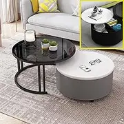 Nesting Coffee Tables Industrial Nesting Coffee Table Set of 2, Modern Round Coffee Table with Storage, Accent End Table for Small Spaces, Stacking Side Tables with Glass Top and Sturdy Metal Frame(B