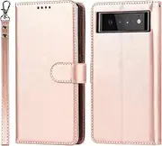 [Cavor] for Google Pixel 6 Wallet Case for Women Flip Folio Kickstand PU Leather Case with Card Holder Wristlet Hand Strap Stand Protective Cover for Pixel6 5g 6.4'' Phone Cases-Rose Gold