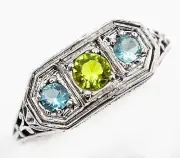 1CT Natural Peridot & Aquamarine 925 Sterling Silver Filigree Ring Sz 6 FB2-4