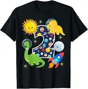 [X.Style] Outer Space 2 Year Old 2nd Birthday Party Dinosaurs Boys ds1312 T-Shirt (S) Black