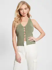 GUESS Eco Green Alphabet Charm Meghen Knit Top Size: Small, Viscose Rayon
