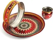 ARTISENIA Handmade Karwachauth Pooja Thali Puja Plate Decorative Steel Puja Thali with Kalash & Channi Essential Pooja Articles for Pooja Ritual Wedding Indian Traditional Festival Decor | Size-12