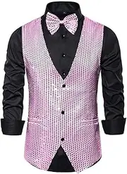 [HEYDHSDC] Men'S Gold Sequin Vest Single-Breasted V-Neck Sleeveless Vests Coat,Wedding Party Waistcoat Pnnrk Xl