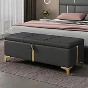 Elegant Upholstered Storage Bench 47.20" Ottoman Upholstered Bench Storage Bench with Metal Legs Shoe Changing Bench Extra Seat for Entryway, Living Room or Bedroom (Black + PU)
