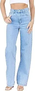 [Generic] Women's Straight Business Casual Jeans Slim Fit Fashion Retro Loose Pocket High Waist Wide Leg Pants Solid Color