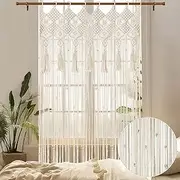 BECHAEO Boho Macrame Beaded Curtain Handmade Door String Curtain for Doorway Window Cotton Tassels Beads Hanging Hippie Room Divider Hallway Closet Bedroom Living Room Decor, 1 Panel 79" L x 35" W