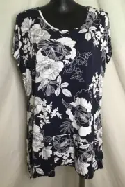 AUTOGRAPH NAVY BLUE STRETCH FLORAL DOUBLE HEM TOP SIZE 26-NEW REDUCED $