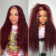 xinshow 99J Burgundy Lace Front Human Hair Wig Deep Wave Glueless 13x5 HD Curly Front Wig for Women Deep Wig Pre Cut 180%