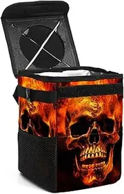 Car Trash Can with Lid,Bag Hanging Storage Pockets Leak-Proof,Portable Garbage Bin,Vintage Fire and Skull