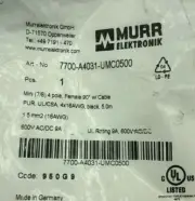 Murr Elektronik: 7700-A4031-UMC0500 Mini (7/8) 4 pole, Female 90° - New/Sealed!