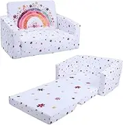 Foldable Children's Sofa Backrest Chair, 2-in-1, Stable Children's Chair with Fabric Bag and Non-Slip Cushion, Soft Lightweight Flip Open Children's Chair for Bedroom, Playroom, Rainbow