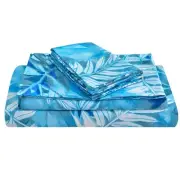 Blue Tropical Leaves Print Sheet Set King, 4 Piece Soft Botanical Microfiber ...