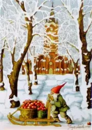 Postcard Art Tomte Gnome Church Sledge Apples Winter Snow Inge Look Finland