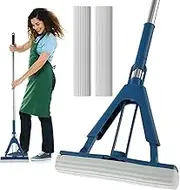 Self-Wringing PVA Sponge Mop, 11.02in Absorbent Roller Mop for Floor Cleaning, Includes 2 Reusable Heads, Quickie Butterflies Squeeze Mop for Wet & Dry Home Use