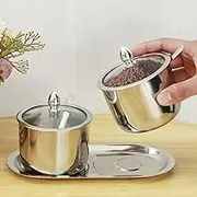 DJAPWPX Stainless Steel Sugar Bowl Set with Glass Lid Spoon and Tray Seasoning Box Condiment Pots Sugar Container Seasoning Jar Kitchen Spice Container Canister for Salt Candy (Silver)