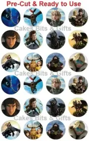 24X HOW TO TRAIN YOUR DRAGON Edible Wafer Cupcake Toppers Pre Cut Ready to Use