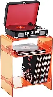 Acrylic Record Player Stand Side Table with Storage, Turntable Vinyl Cabinet Clear Nightstand End Table for Living Room, Bedroom (Orange)