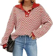 [Generic] Stylish Collared Zigzag Pattern Sweater - Women's Long Sleeve Button-Up Knitted Top