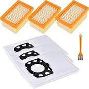 3 x Vacuum Cleaner Filters for Kärcher WD4 WD5 WD6, 3 Vacuum Cleaner Bags for Karcher, Flat Pleated Filter for Karcher MV4 MV5 MV6 WD4 WD5 WD6, with 1 Brush, Replacement Parts for Kärcher Vacuum