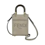 【FENDI 芬迪】FENDI SUNSHINE壓印字LOGO牛皮開口式手提/斜背包(迷你/淺褐)