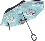 Double Layer Inverted Umbrella Cars Reverse Umbrella Winter Bear Fox Owl Scandinavian Style Windproof UV Proof Travel Outdoor Umbrella