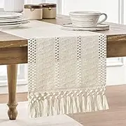 ZeeMart Macrame Style Boho Table Runner, Ivory Table Runners 60 Inches Long, Farmhouse Woven Home Decor, 12x60 Inch, Ivory