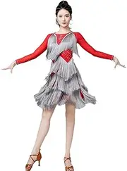 [JRUIA] Women's Latin Dance Dresses Tassel Cha Cha Ballroom Dance Dress Breathable Tango Salsa Costumes Skirt for Samba Rumba