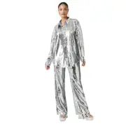 FOREVER 21 Knit Set Sequins Pant Button Down Shirt Wide Leg Small Party Glam NWT
