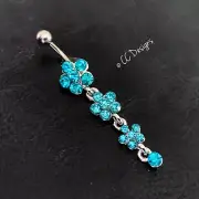 14g blue sparkle cz dangle triple flower belly ring B532